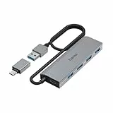 Hama USB-Hub 4 Ports (USB-A und USB-C-Anschluss, mit Netzteil, 4X USB-A für Maus, Tastatur, Externe Festplatte, USB-Stick etc., Aluminium-Gehäuse, USB-Adapter für Büro, Home Office)