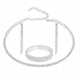 Yolev 3 Stück Brautschmuck Set Hochzeitsschmuck Silber Schmuck Set für Damen braut Strass Halskette Dangle Ohrringe Glänzendes Armband Hochzeit Party Braut Brautjungfer Schmuck