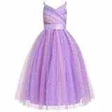 FYMNSI Blumenmädchen Kleid Kinder Mädchen Träger V-Ausschnitt Ärmellos Geburtstag Partykleid Prinzessin Tüllkleid Maxikleid Hochzeit Brautjungfer Festkleid Langes Abendkleider Ballkleid Lila Bunt 7J