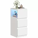 YITAHOME Nachttisch, schmaler Beistelltisch mit Schubladen und mehrfarbiger LED-Beleuchtung, Nachttisch mit flexiblem offenem Fach für Schlafzimmer, Wohnzimmer, weiß