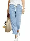 Hormtaer Hose Damen Leinen Sommerhose 7/8 Casual Leichte Baumwolle Leinenhose Stoffhose Bequeme Luftige Freizeithose Strandhose Mit Taschen (Blau, L)