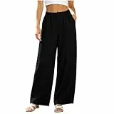 Leinenhose Damen Lang Sommer Palazzo Hose Elegant Sommerhose Leicht und Luftig Musselin Hosen Stoffhose Einfarbig Baumwolle Jogginghose Strandhose Freizeithose Elastische mit Taschen