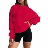 Hoodies für Damen, Sweatshirt, Damen-Sweatshirt, bauchfreie Kapuzenpullover, Fleece, langärmelig, Pullover, Tops, Herbst, Winter, Kleidung mit Taschen, rot, M