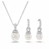 Swarovski Originally Set, Weißes und Rhodiniertes Set aus Halskette und Ohrringen mit Strahlenden Kristallperlen und Zirkonia in Pavé, Länge Kette: 38-43 cm, Größe Ohrringe: 2.5 x 0.8 cm