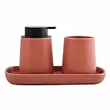 MSV Badezimmer Set, 3-teiliges Badzubehör aus Keramik Maonie Seifenspender, Badablage für Schmuck und Zahnputzbecher Terracotta Rot