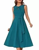 GRACE KARIN Ärmelloses Midikleid für Damen elastisches Rundhalskleid Plissiertes Cut-Out mit Gürteltaschen Baugrün L