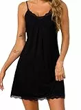 Lovasy Nachthemd Damen Sexy Nachtwäsche Sommer Nachtkleid V-Ausschnitt Spitze Verstellbare Spaghettiträger Nachthemden für Damen Kurz,Schwarz,L