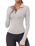 Rabin Sport T-Shirt Damen Langarm Sportshirt Gym Top Yoga Fitness Sport Oberteil für Wandern Laufen mit Halbem Reißverschluss und Daumenloch（Elfenbeingrau,S）
