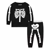 Mud Kingdom 7-8 Jahre Jungen Schlafanzug-Sets Skelett-Muster Leuchten Im Dunkeln Outfits Für Kleinen Jungen Halloween-Hausbekleidung Rundhals-Oberteile Und Hosen Schwarz