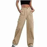 KOG Outlet Amazon Hosen Damen Cargohosen Casual Sommerhose Baumwolle Freizeit Cargo Hosen Frau Jogging Hose Einfarbig Mode Schwarz Schlaghose Weite Langlaufhose Warehouse Deal Khaki L