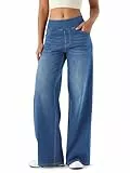 LaiEr Damen Denim Hose mit weitem Bein, hohe Taille, gerades Bein, lockere Passform, Unregelmäßiger handgeriebener Katzenschnurrhaarverlauf hohe Elastizität Casual Jeans(Medium BlueM)
