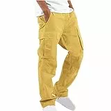 UHouse Cargohose Herren Hose Sommer Baumwolle Cargo Hosen Baggy Arbeitshosen Männer Leichte Sommerhose Bequeme Freizeithose mit Gummizug Freizeit Einfarbig Pants Gelb L