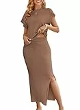 Sovoyontee Damen 2 Stück Pullover Outfits Set Casual Kappe Ärmel Tops Bodycon Maxi Langer Rock Strickkleider Khaki XL