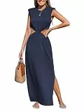 CUPSHE Damen Sommerkleid Elegant Ärmellos Schulterpolstern Cut Out Taille Seitenschlitz Langes Kleider Freizeit Urlaub Strand Maxikleid Partykleid Marineblau L
