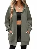 CMTOP Kapuzenpullover Damen Lang Dünne Fleece Hoodie Classics Freizeit Sweatshirt Basic Casual Sweatjacke Einfarbig Kapuzenjacke Streetwear Hoody mit Kapuze Reißverschluss Taschen(Dunkelgrau,L)