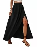 Zeagoo Rock Damen Lang Elegante Sommer Röcke A-Linie Elastische Hohe Taille Maxirock Einfarbig Flowy Freizeitrock Strandrock mit Schlitz Schwarz L