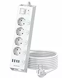 4 Fach Steckdosenleiste Wandmontage mit USB C, Mehrfachsteckdose 4 USB mit Einzeln Schaltbar, Mehrfachsteckdose mit Überspannungsschutz, 2M Kabel (Weiß)