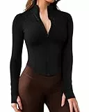 QUEENIEKE Langarm Laufjacke Damen Yoga Shirt Sport Crop Top Fitness Oberteil mit ReißVerschluss Trainingsjacke (Schwarz, S)