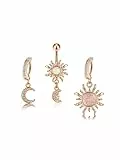 PiercingJak 3er 14G Clicker Piercing Bauchnabelpiercing mit Sonne Mond Anhänger Chirurgenstahl CZ Bauchnabel Ring 10mm Nabelpiercing Barbell Körper Schmuck für Frauen Mann, Rosegold
