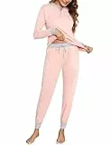 Aseniza Schlafanzug Damen Lang Pyjamas Baumwolle Zweiteiliger Nachtwäsche Lounge Set Langarm Hausanzug für Frauen mit Bündchen,A-Rosa,S