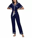 COLORFULLEAF 100% Baumwolle Damen Schlafanzug mit Knopfleiste Nachtwäsche Pyjama Set Zweiteiliger Kurzarm Lange Hose Hausanzug(Navy Blau M)