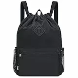 WANDF Rucksack mit Kordelzug, Sporttasche mit Schuhfach, wasserabweisender String-Rucksack Cinch für Damen Herren (Groß,Schwarz)