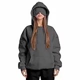 ZWDC Damen Kapuzenpullover mit Eingebauter Augenmaske Langarm Oversize Hoodie mit Kängurutasche und Ärmeltasche Frauen Einfarbige Freizeit Sweatshirt für Alltag und Zuhause
