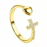 OIDEA Damen offener Ring mit Kreuz: Herz Kreuzring mit Zirkonia Ring aus Edelstahl Gold verstellbar elegant Religiöser Schmuck Geschenk für Frauen Mädchen Freundin