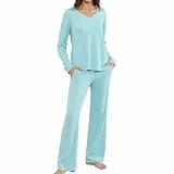 HEARTNICE Damen Pyjama Set mit V-Ausschnitt und Langarm weich bequem Schlafanzug (Himmelblau,M)