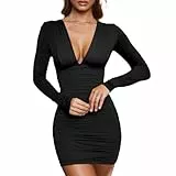 AOWVUTS Damen Sexy Kleid Tiefer V-Ausschnitt Langarm Bodycon Figurbetontes Minikleid Elegant Stretch für Party, Cocktail und Clubwear