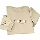 Personalisiertes besticktes Mama-Sweatshirt, personalisierbar, Name auf Ärmel mit Herz, Mama-Est Year-Shirt, Oma Rundhalsausschnitt mit Datum, Geschenk für neue Mutter