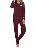 Ekouaer Pyjama Damen Langarm Baumwolle Schlafanzug Lang Winter Pyjama Set Lose Schlafanzüge für Frauen Oberteil und Schlafanzughose,Weinrot,L