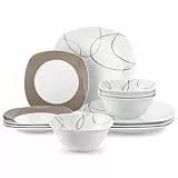 VEWEET Serie NIKITA 12-teiliges Porzellan Geschirrset für 4-12 Personen, Weiß mit braunen Linien, Tafelservice mit 4 Speiseteller, 4 Dessertteller und 4 Müslischalen (Schüssel- und Teller Set)