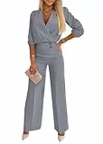 shownicer Hosenanzug Damen Elegant Business 2 Teiler Outfits Set Langarm Oberteile und Anzughosen Zweiteilig Büro Suit A Grau M