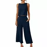 Awrvia Zweiteiler Sommer Damen 2025 Elegant Hosenanzug Ärmello Kurzarm Top und Hosen Outfit Set Modische Einfarbig Freizeitanzug Baumwolle Loungewear mit Taschen Weite Bein Hosenanzüge
