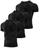 Niksa 3 Stück Kompressionsshirt Herren,Laufshirt Herren Kurzarm mit Unterarm Mesh kurzärmliges Funktionsshirt Atmungsaktiv Sportshirt Männer für Running Workout Fitness, Schwarz-grau, M