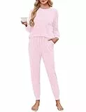 Namatime Schlafanzug Damen Lang Pyjama Set Baumwolle Winter Nachtwäsche Kuschelig Loungewear mit Taschen Rosa M