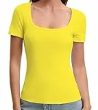 OYIGELZ Tshirt Damen Quadratischer Ausschnitt T-Shirt Eng Basic Top Einfarbig Kurzarm Shirt(Gelb-F1,XS)
