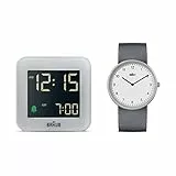 Braun Geschenkset 2-Zeiger Analog Quarzuhr mit weißem Zifferblatt, grauem Silikonkautschukband und zwei Zeigern. Braun Digitaler Reisewecker in Grau, Modell BN0231WHGYG, BC08G (2er Pack)