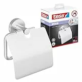 tesa Moon Toilettenpapierhalter mit Deckel, verchromt - WC-Rollenhalter zur Wandbefestigung ohne Bohren, inkl. Klebelösung - 53 mm x 140 mm x 128 mm
