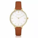 KIMOMT Damen-Armbanduhr, Leder, Quarzuhr, wasserdicht, modische Armbanduhr für Damen, Mädchen, Lederband, Braun, Armband