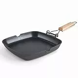 LACOR - 25154 - Glatte SUA Grillpfanne aus 100% freiem PFOA Aluminiumguss, Antihaft-Doppelschicht, Klappgriff Eichenholz, Vollinduktionsboden, Induktionssafe, 24 x 24 x 3,7 cm, Schwarz