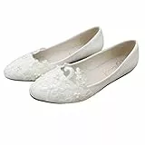 Fenical Spitze Hochzeit Schuhe Spitze Perle Blume Hochzeit Braut Flache Schuhe für Frauen 1 Paar Größe 40 weiß