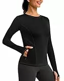 PINSPARK Sportshirt Damen Langarmshirt Rundhals Laufshirt Fleece Thermo Funktionsshirt Winter Yoga Tops Fitness Oberteile mit Daumenlöche Schwarz M