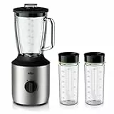 Braun PowerBlend 3 JB 3272 Standmixer - 1,5 l Glas-Mixaufsatz, Küchenhelfer zum Zerkleinern, Pürieren & Mixen, inkl. 2 Smoothie2Go Flaschen, 800 Watt, Edelstahl