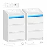 Hzuaneri Nachttisch 2er Set mit 3 Schubladen, Beistelltisch mit Ladestation und LED, 2 AC-Steckdosenund 2 USB-Anschlüsse für Schlafzimmer, Wohnzimmer, Weiß NS40103X