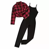 XINYUNZU Mädchen Jumpsuit mit Kariertes Hemd Langarm Kuschelanzug Mode Klamotten 2 Teilig Set Kinder Kleidung Sportanzug Bekleidungssets Super Sale Angebote Wein 12 Jahre
