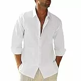Friptspyg Leinenhemd Herren Langarm Baumwolle Leinen Hemd Herren Freizeithemden Casual Regular Fit Sommerhemd mit Tasche, Weiß M