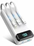 Enerwow Power Bank 27000mAh, Powerbank Schnellladen mit Integriertem USB-C Kabel, 4 Ausgänge & 3 Eingänge Externe Handyakkus mit LED Display Kompatibel mit iPhone 17 Serie und mehr（P300C/Weiß）