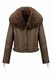 Geschallino Damen Kunstleder Wildleder jacke Sherpa Gefüttert Warme Winter Kurz Mantel mit Pelzkragen 267 Camel M